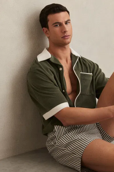 REISS GREEN/WHITE TOWELLING CONTRAST TRIM SHIRT