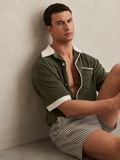 REISS GREEN/WHITE TOWELLING CONTRAST-TRIM SHIRT