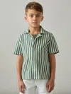 Reiss Green/white Trig 9-13 Yrs Textured Stripe Cuban-collar Shirt
