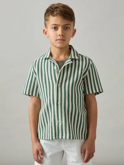 Reiss Green/white 9-13 Yrs Textured Stripe Cuban-collar Shirt