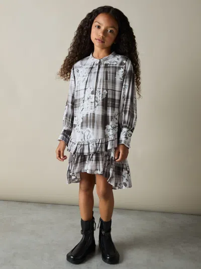 Reiss Grey Alodie 4-9 Yrs Floral-check Tiered-frill Dress