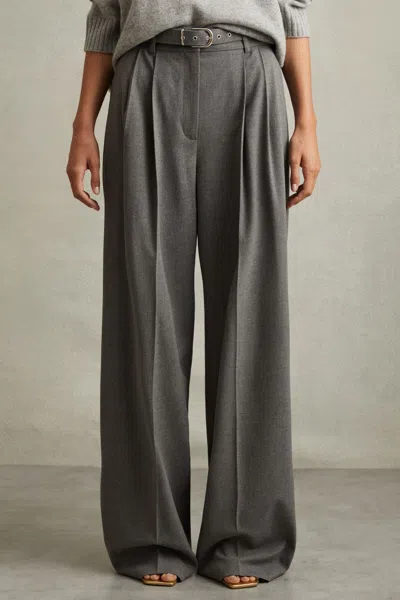 Reiss Grey Belted Wide Leg Trousers