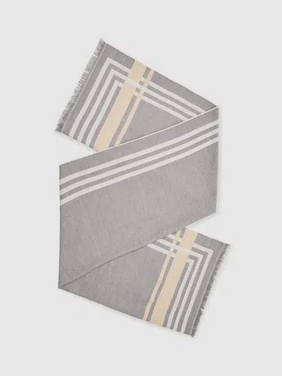 Reiss Grey Border Stripe Fringed Scarf In Gray