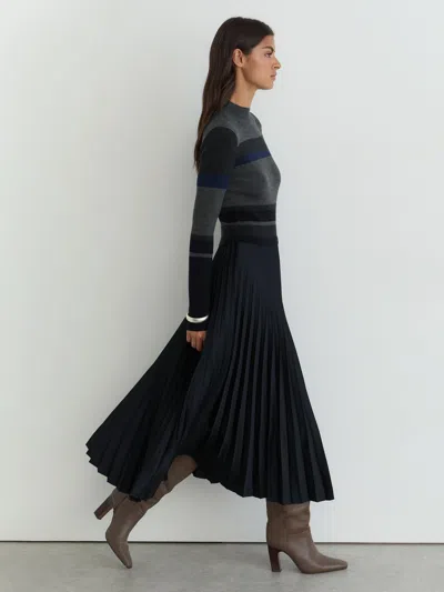 Reiss Grey Carla Petite Striped Knit Mix Pleated Midi Dress In Black