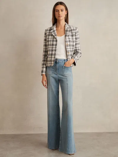 Reiss Grey Check Cotton Blend Check Cropped Jacket In Gray