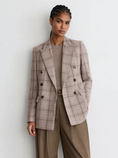 Reiss Grey Check Wool-blend Woven-check Double-breasted Blazer In Brown