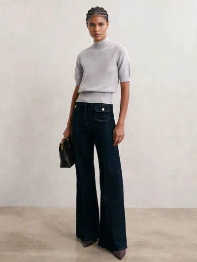 Reiss Grey Cotton And Wool Funnel-neck Knit Top In Gray