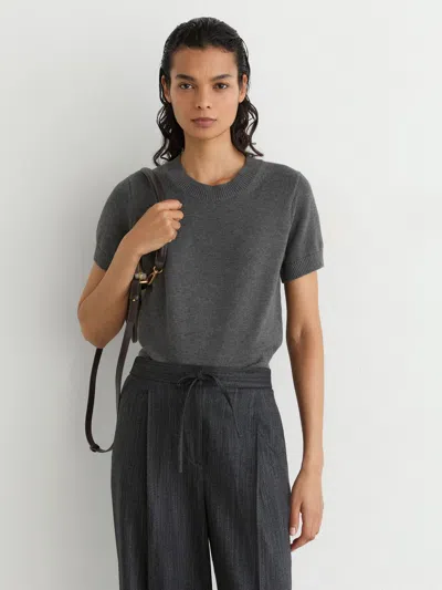 Reiss Grey Cotton And Wool Short-sleeve Knit Top In Gray