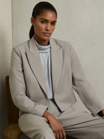 Reiss Grey Double-breasted Cropped Wool-blend Blazer In Gray