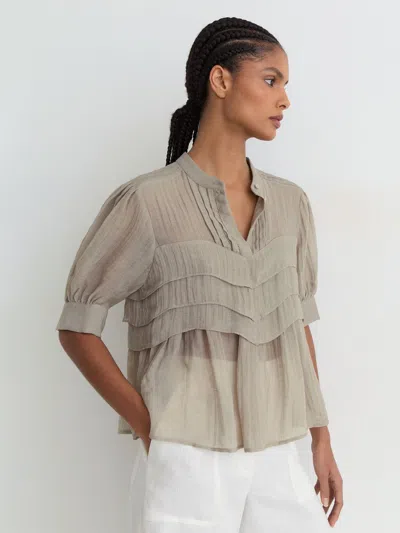 Reiss Grey Frill-detail Half-button Blouse In Gray