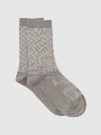 Reiss Grey Heather Cotton-blend Herringbone Socks In Gray