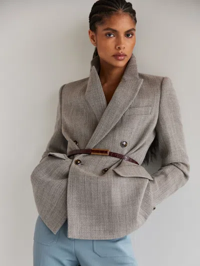 Reiss Grey Herringbone Double-breasted Blazer Wool-cotton In Gray