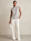 Reiss White Wool Blend Wide Leg Tux Trousers In Gray