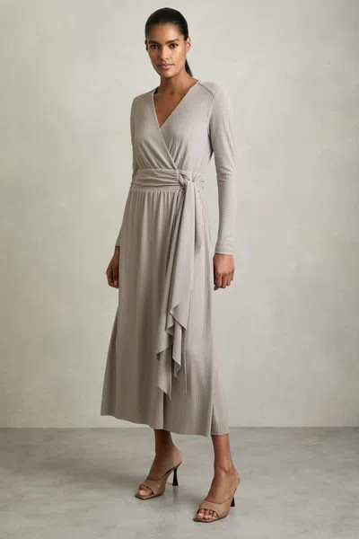 REISS REISS WOMEN'S GREY RIBBED JERSEY WRAP-TIE MIDI DRESS