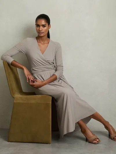 Reiss Grey Jersey Wrap-tie Midi Dress In Gray