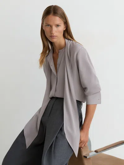 Reiss Grey Kathlyn Matte-silk Tie-neck Blouse In Gray