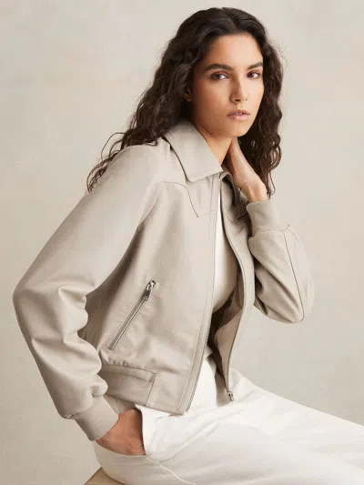Reiss Grey Leather Bomber Jacket In Gray