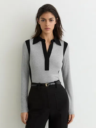 Reiss Grey Marl/black Jersey Colour-block Collared Shirt In Animal Print