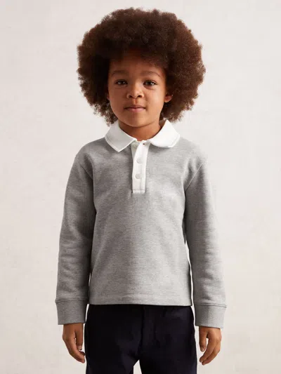 Reiss Kids'  Grey Marl/white Aidan 3-9 Yrs Cotton Half-button Rugby Polo Shirt In Gray