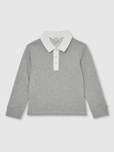 Reiss Grey Marl/white Cotton Half Button Rugby Polo Shirt In Gray