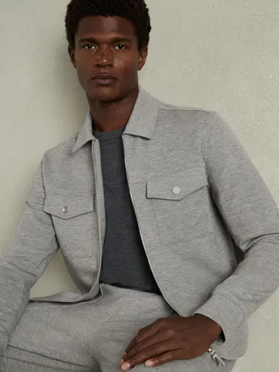 Reiss Grey Melange Interlock Jersey Zip-through Overshirt In Gray