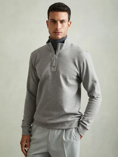 Reiss Grey Melange Leather-placket Interlock-jersey Sweatshirt In Gray