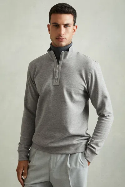 Reiss Grey Melange Leather Placket Interlock Jersey Sweatshirt In Grey Melange