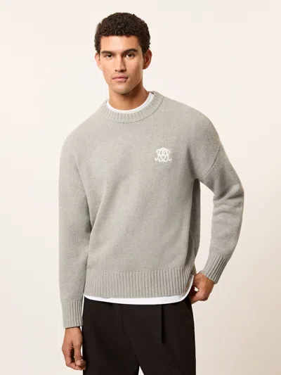 Reiss Grey Melange Monogram Embroidered Wool Jumper In Gray