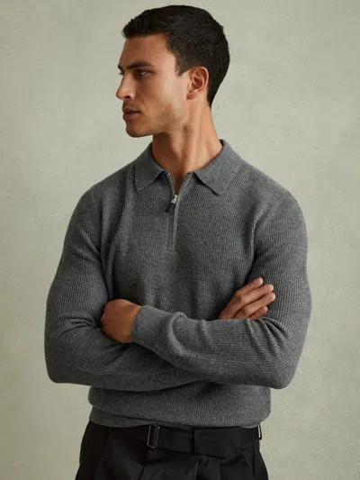 Reiss Grey Melange Regis Wool Half-zip Polo Shirt In Gray