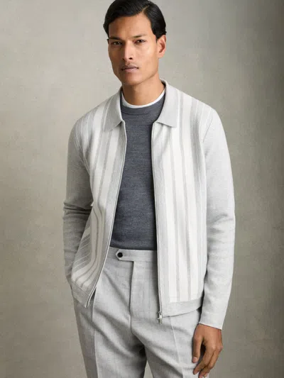 Reiss Grey Melange/white Ambient Striped Zip Through Knitted Jacket In Gray