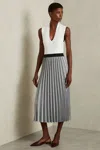 Reiss Grey Checked Pleated Midi Skirt In Grey
