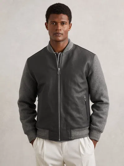 Reiss Grey Leather Contrast-sleeve Bomber Jacket In Green