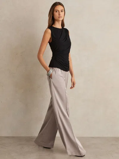 Reiss Grey Petite Satin Wide Leg Elastic Waist Trousers In Gray