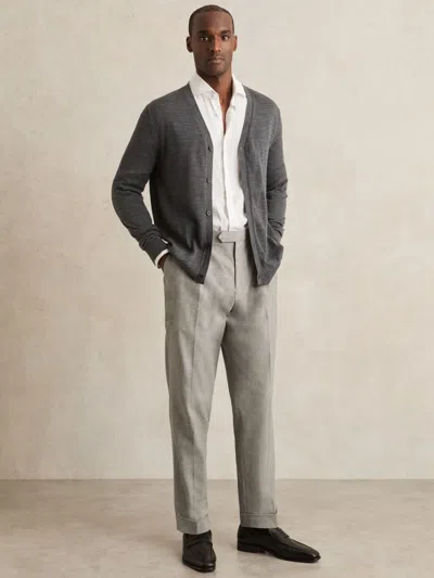 Reiss Grey Regular Fit Herringbone Trousers With Cotton In Gray