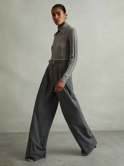 Reiss Grey Ribbed Collared Top In Gray