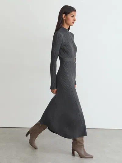 Reiss Grey Rib-knit Belted Midi Dress In Blue