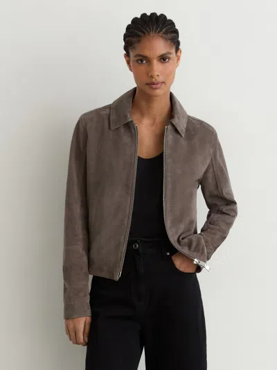 Reiss Grey Suede Zip-through Moto Jacket