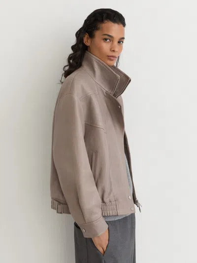Reiss Grey Textured Leather Oversized Jacket