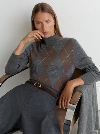 Reiss Womens Sage Argyle Funnel-neck Wool Jumper Grey In Gray