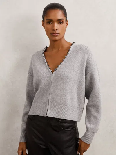 Reiss Grey Wool-blend Beaded-trim Cardigan With Cashmere In Gray