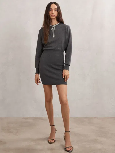 Reiss Grey Wool-blend Crystal-bow Knit Mini Dress With Cashmere In Gray