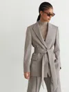 Reiss Grey Wool-blend Single-breasted Belted Blazer In Grey