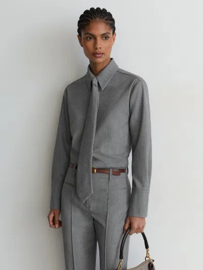 Reiss Grey Woven Neck-tie Long-sleeve Shirt