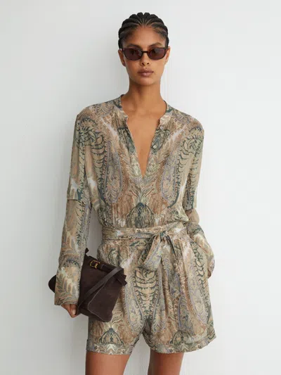 Reiss Grey/neutral Finnola Paisley-print Tie-waist Playsuit