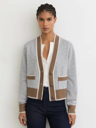Reiss Grey/neutral Wool-cashmere Tipped Cardigan In Gray