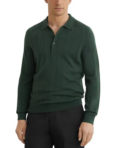 Reiss Greyson Ribbed Long Sleeve Merino Wool Polo In Green
