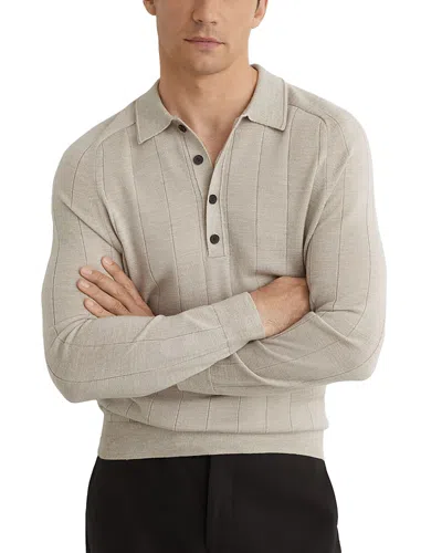 Reiss Greyson Ribbed Long Sleeve Merino Wool Polo In Neutral