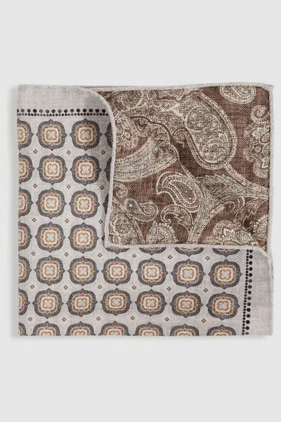 Reiss Grey/tobacco Brown Silk Medallion Reversible Pocket Square
