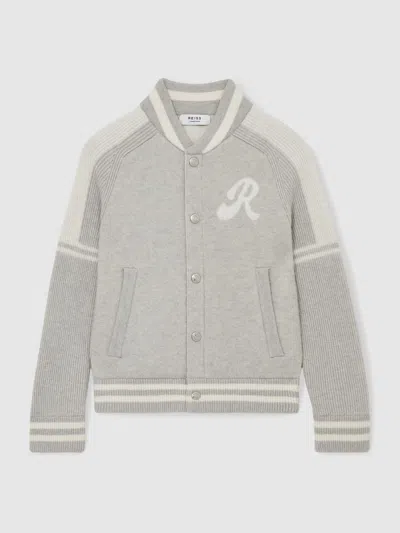 Reiss Grey/white 13-14 Yrs Logo-intarsia Bomber Jacket In Gray
