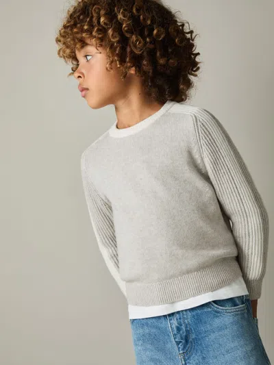 Reiss Grey/white 4-9 Yrs Ribbed-sleeve Jumper With Cotton And Wool